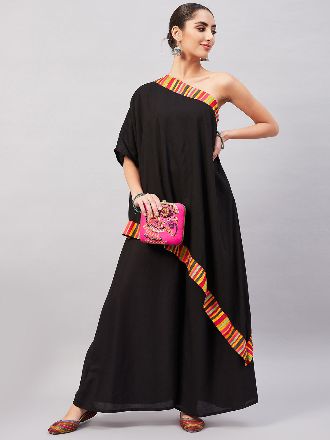 InWeave Women's Black Multi Striped One Shoulder Kurta Set - Distacart