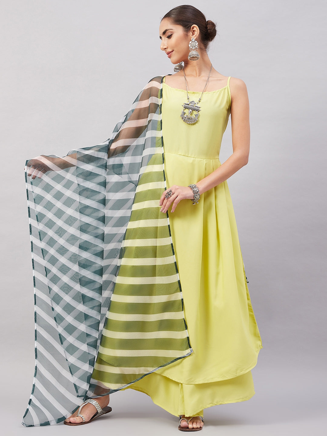 InWeave Women's Summer Yellow R Strappy Kurta Set With Green Leh Dupatta - Distacart