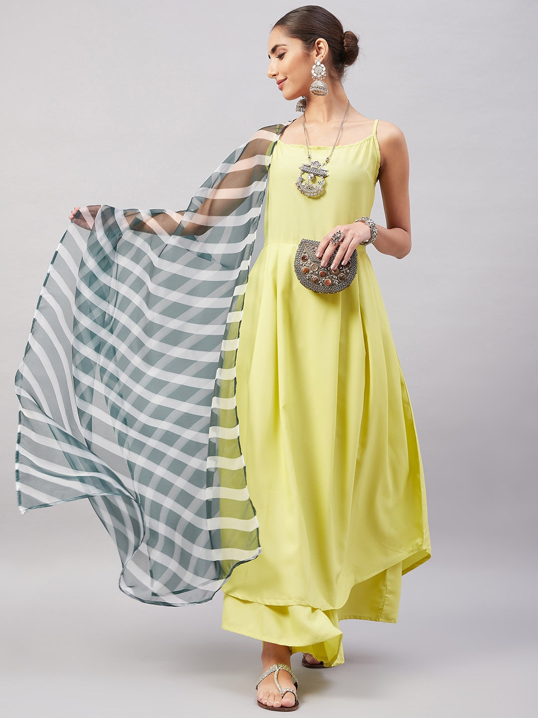 InWeave Women's Summer Yellow R Strappy Kurta Set With Green Leh Dupatta - Distacart