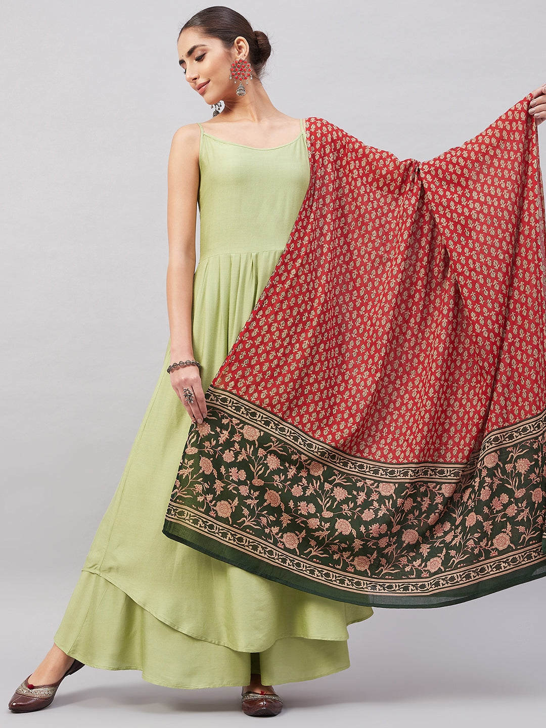 InWeave Women's Light Green R Strappy Set W Green Red Print Cotton Dupatta - Distacart