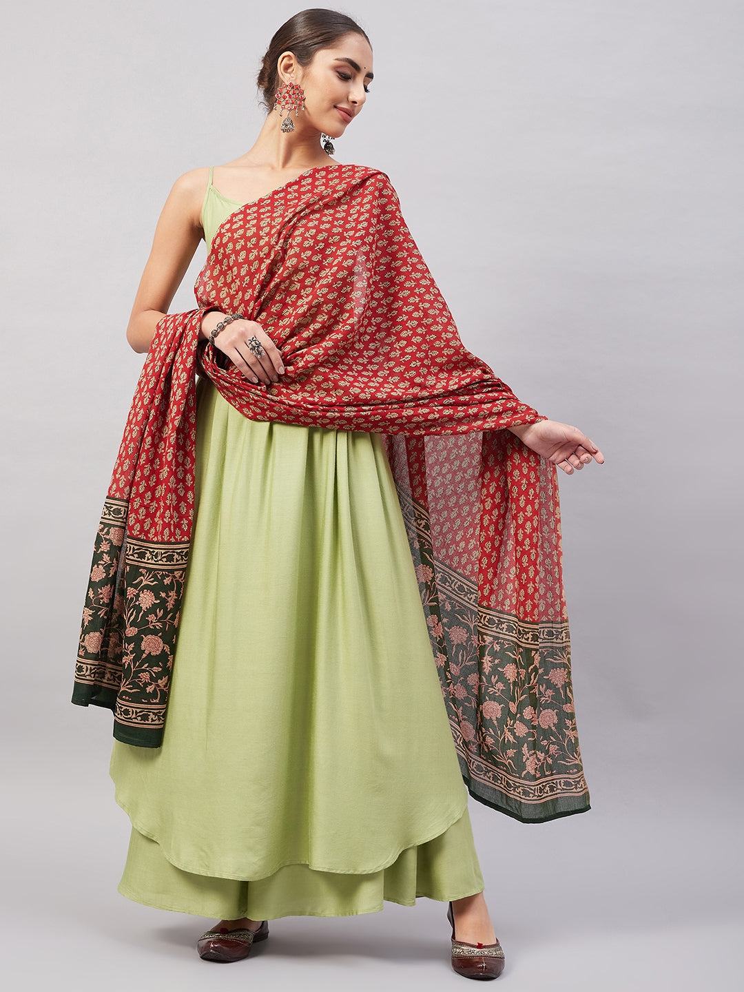 InWeave Women's Light Green R Strappy Set W Green Red Print Cotton Dupatta - Distacart