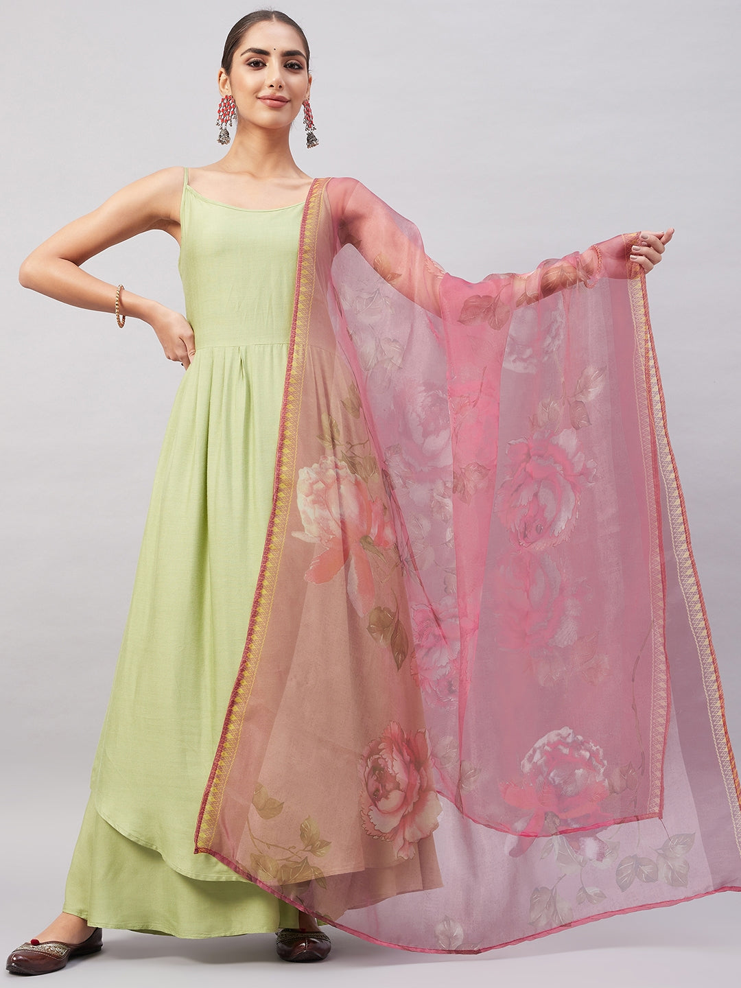 InWeave Women's Light Green R Strappy Set W Pink Print Organza Dupatta - Distacart