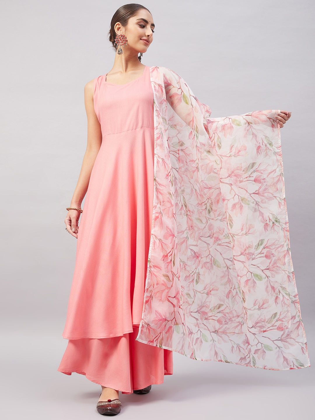 InWeave Women's Light Pink Sleeveless Kurta Set W White Peach Organza Dupatta - Distacart