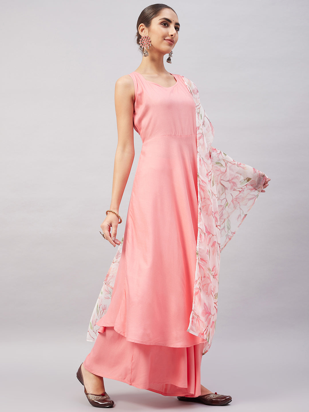 InWeave Women's Light Pink Sleeveless Kurta Set W White Peach Organza Dupatta - Distacart