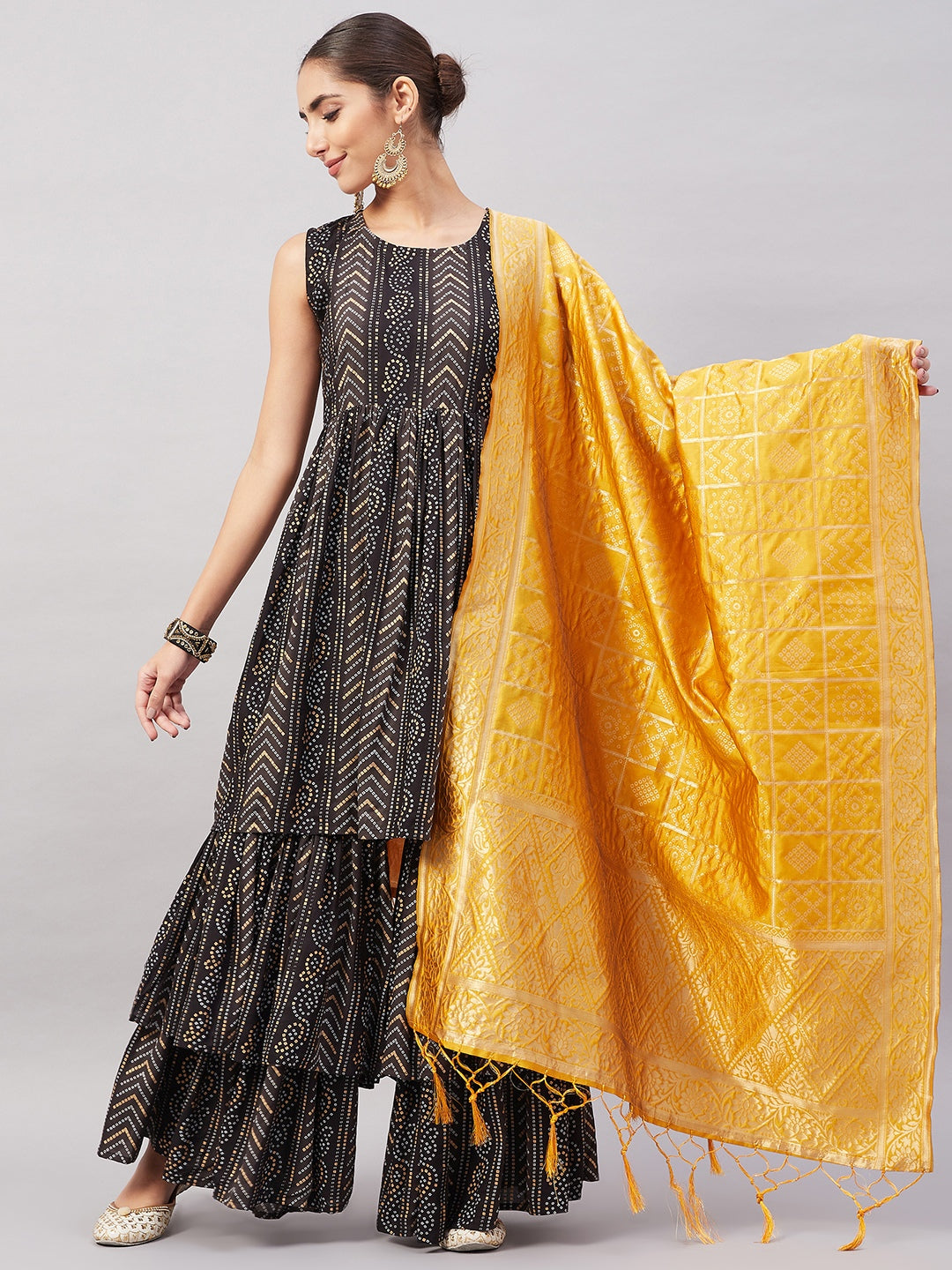 InWeave Women's Black Bandhani Teired Sharara Set W Mustard Brocade Dupatta - Distacart