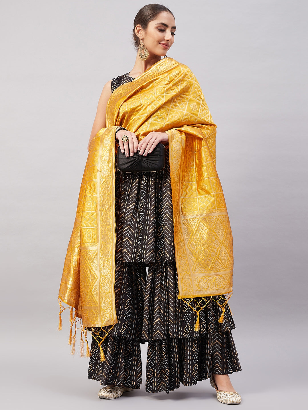 InWeave Women's Black Bandhani Teired Sharara Set W Mustard Brocade Dupatta - Distacart