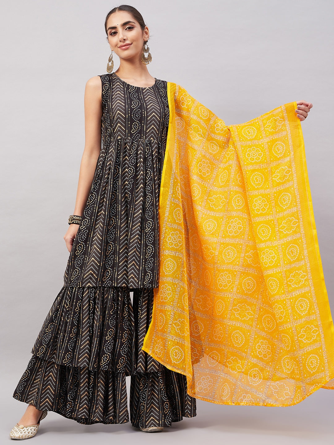 InWeave Women's Black Bandhani Teired Sharara Set W Mustard Kota Dupatta - Distacart