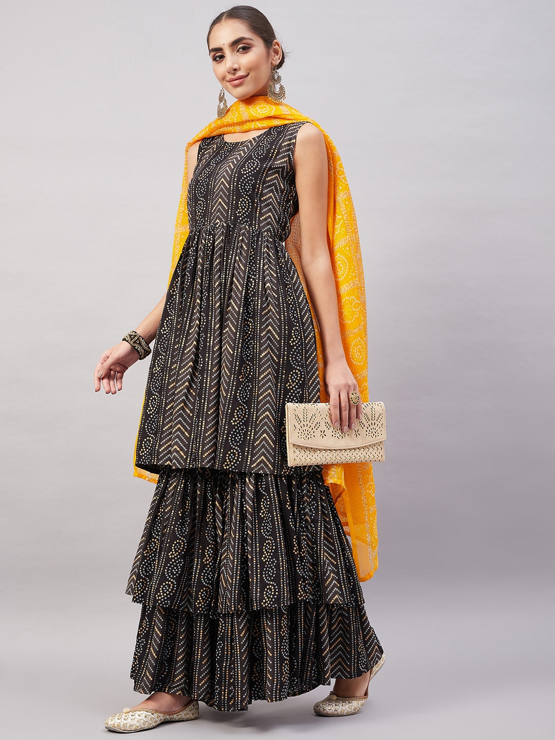InWeave Women's Black Bandhani Teired Sharara Set W Mustard Kota Dupatta - Distacart