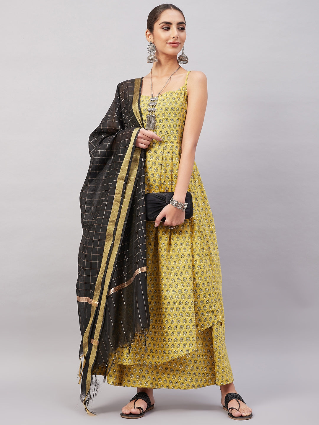 InWeave Women's Yelllow Floarl Print Strappy Set W Black Gold Check Dupatta - Distacart