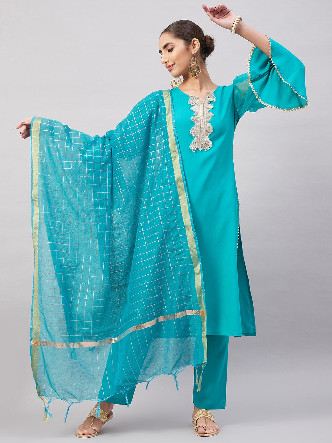 InWeave Women's Aqua Organza Sleeve Kurta Set With Teal Gold Check Dupatta - Distacart