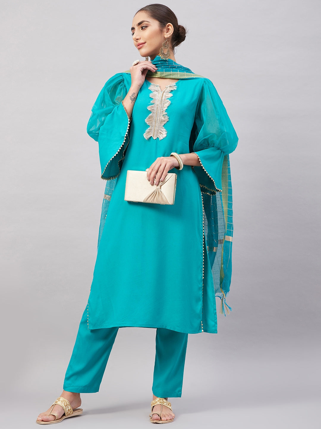 InWeave Women's Aqua Organza Sleeve Kurta Set With Teal Gold Check Dupatta - Distacart