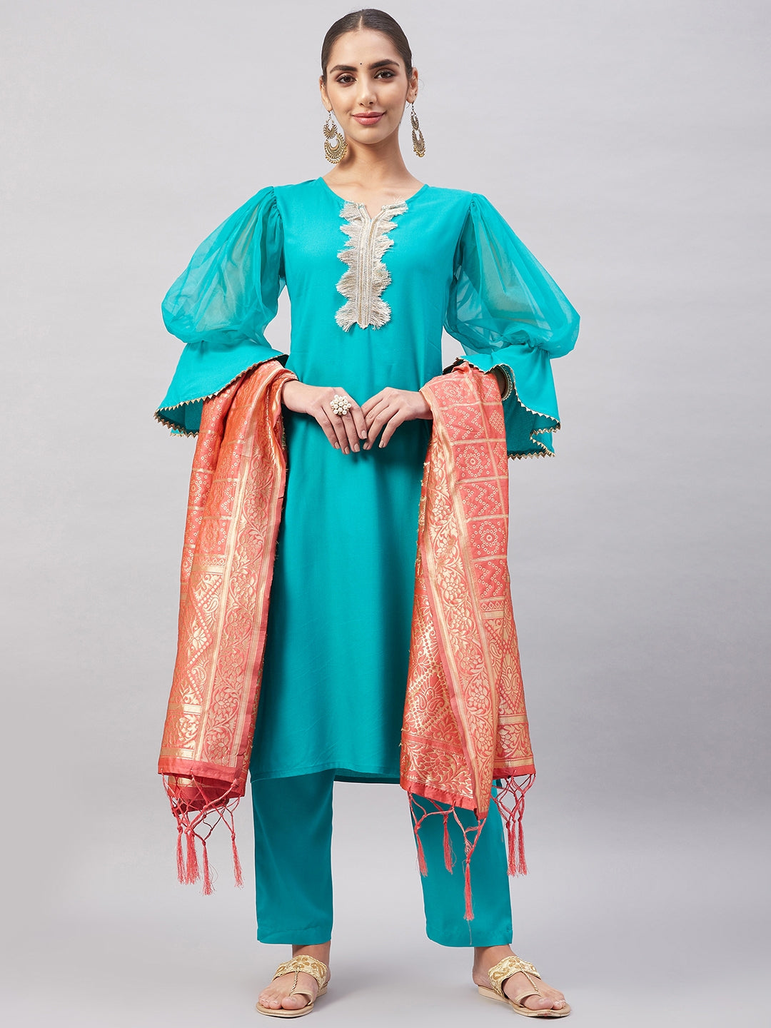 InWeave Women's Aqua Organza Sleeve Kurta Set With Peach Brocade Dupatta - Distacart
