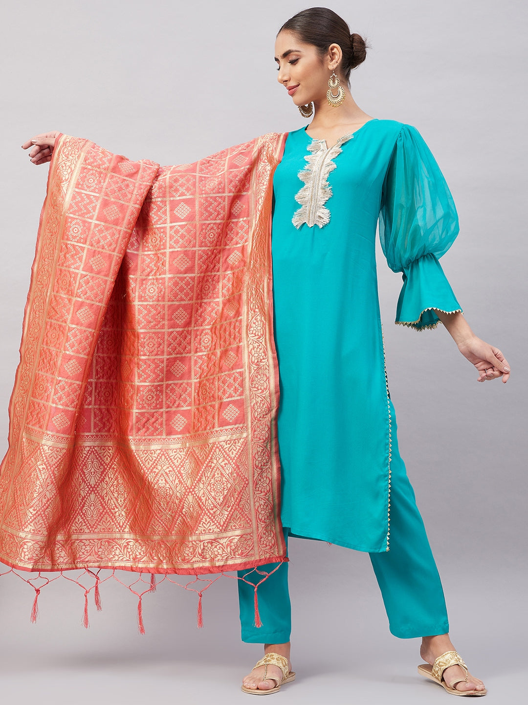 InWeave Women's Aqua Organza Sleeve Kurta Set With Peach Brocade Dupatta - Distacart