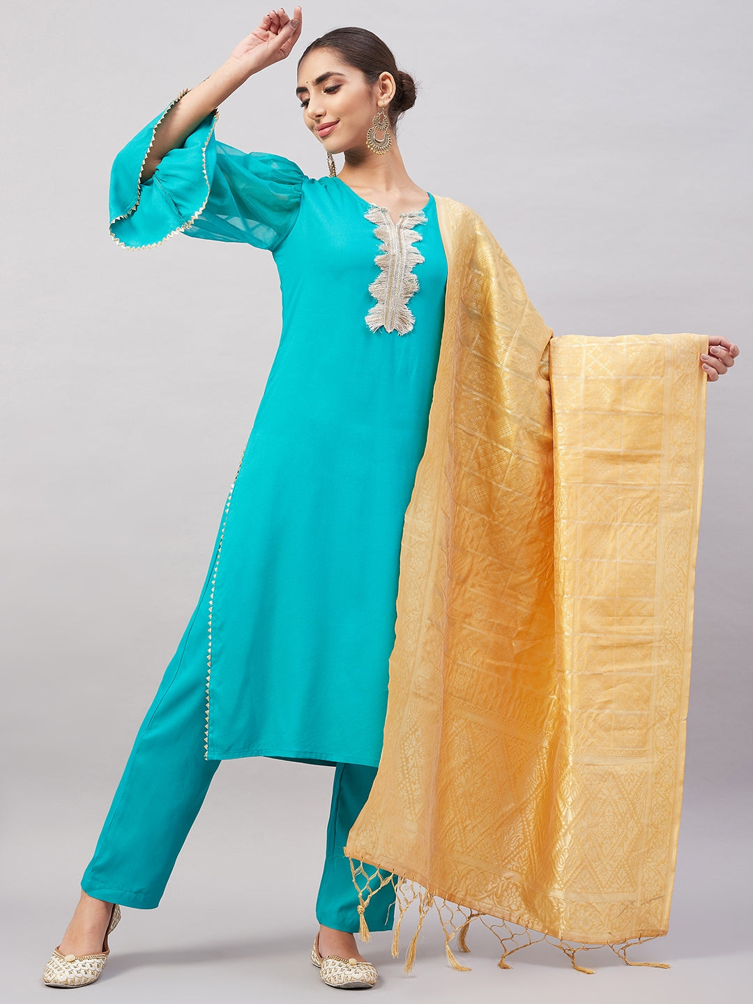 InWeave Women's Aqua Organza Sleeve Kurta Set With Beige Brocade Dupatta - Distacart