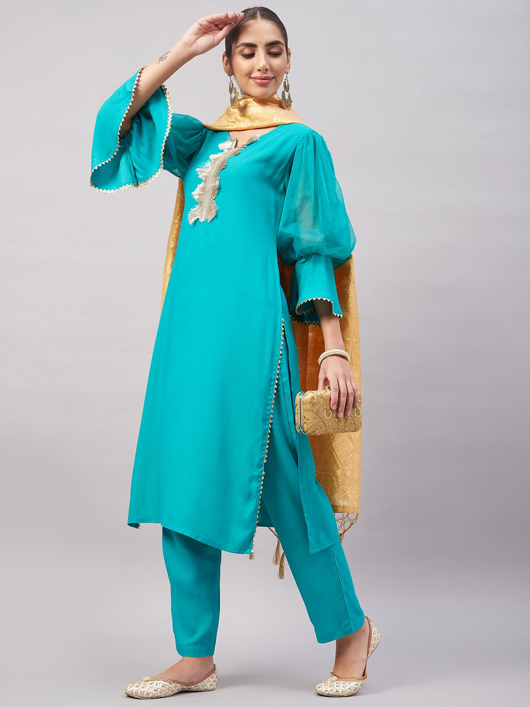 InWeave Women's Aqua Organza Sleeve Kurta Set With Beige Brocade Dupatta - Distacart