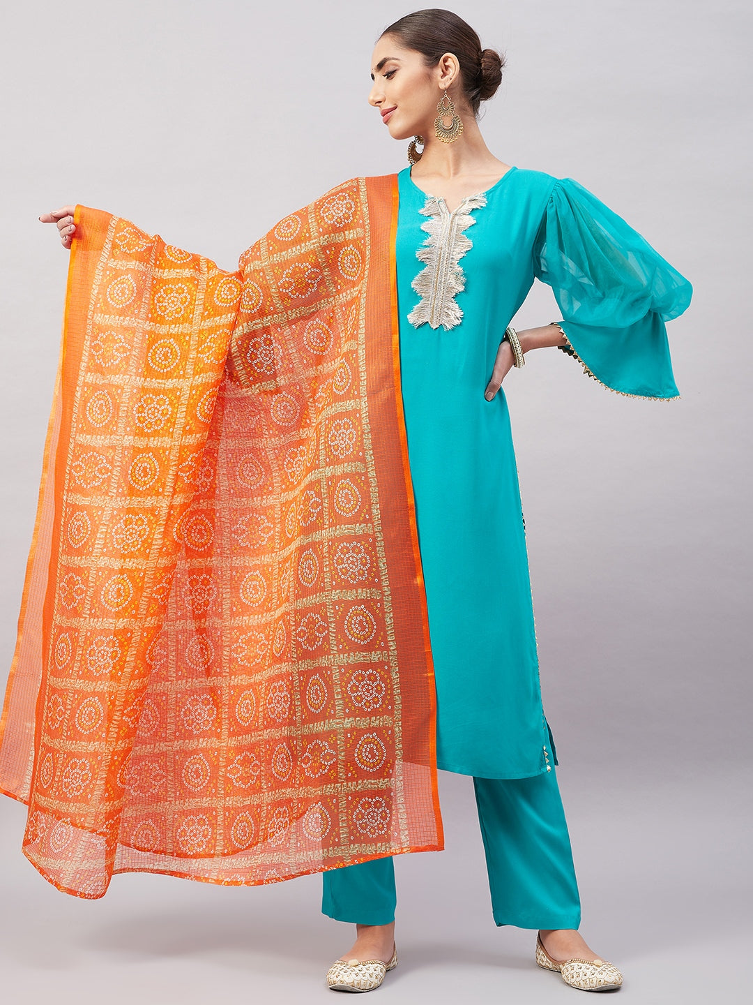InWeave Women's Aqua Organza Sleeve Kurta Set With Orange Kota Dupatta - Distacart