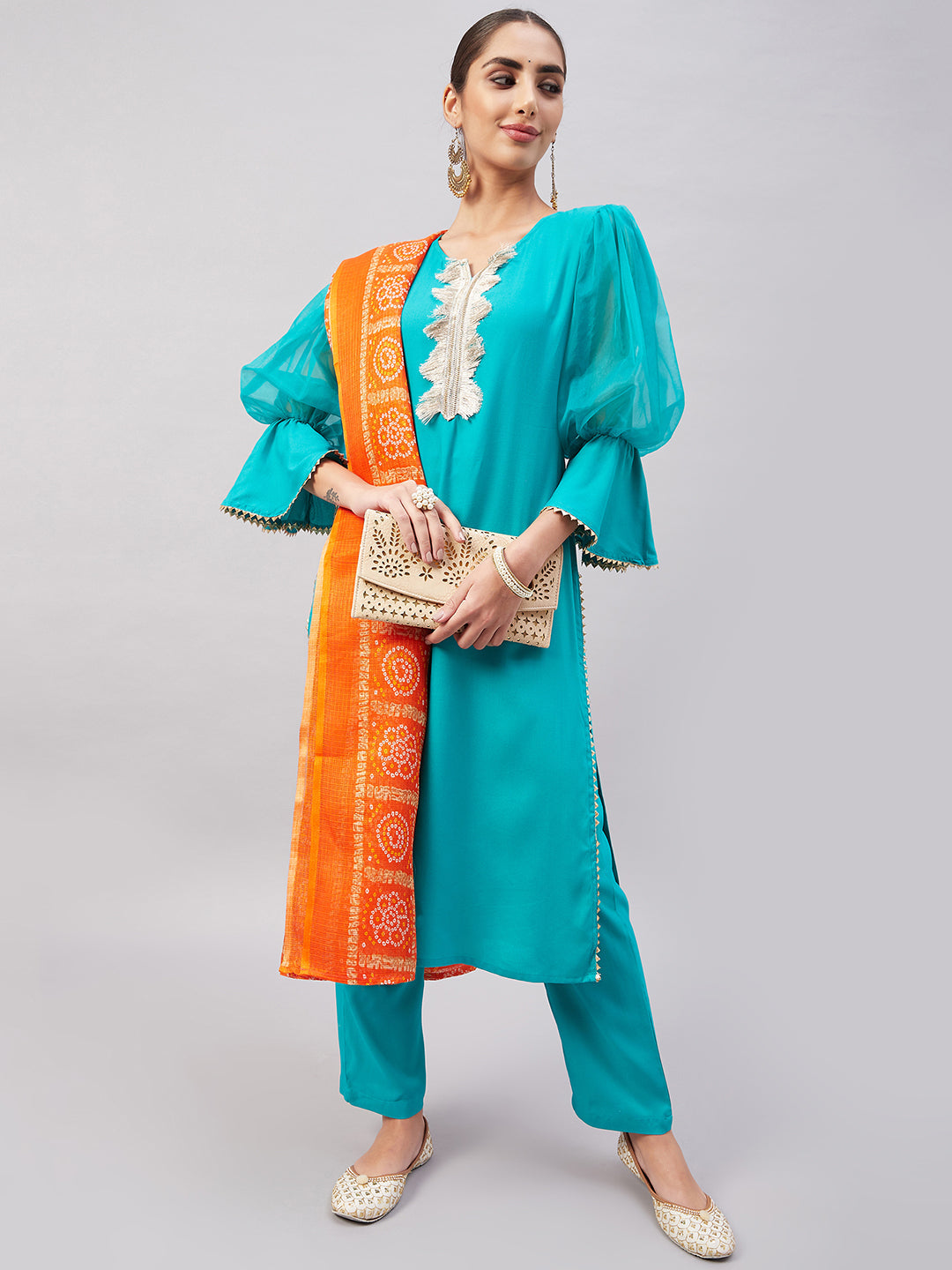 InWeave Women's Aqua Organza Sleeve Kurta Set With Orange Kota Dupatta - Distacart