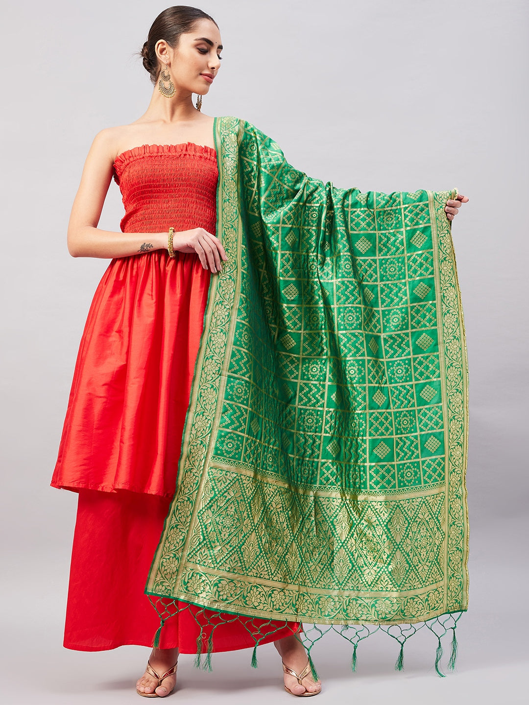 InWeave Women's Red Off Shoulder Kurta Set W Green Brocade Dupatta - Distacart