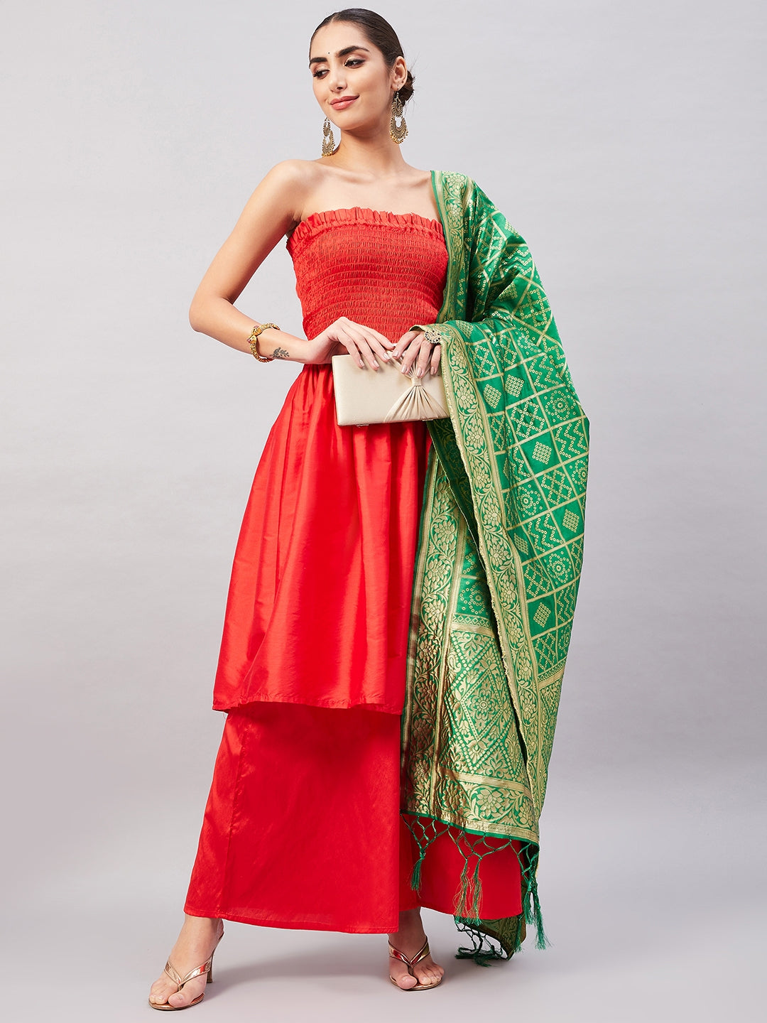 InWeave Women's Red Off Shoulder Kurta Set W Green Brocade Dupatta - Distacart