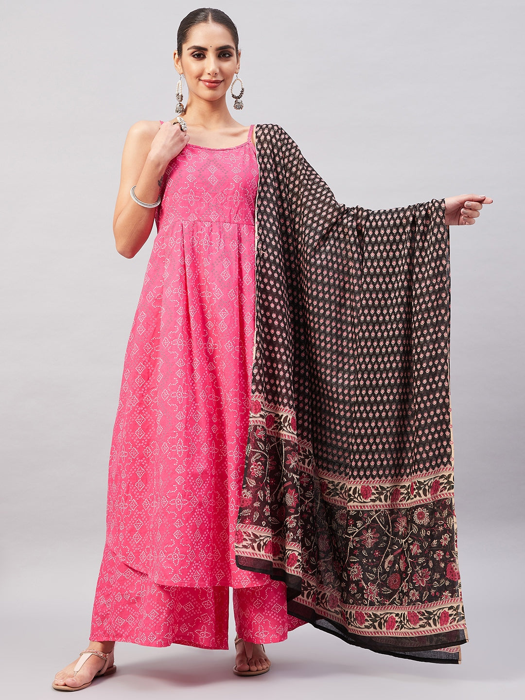 InWeave Women's Pink Bandhani Strappy Set W Black Pink Ethnic Dupatta - Distacart
