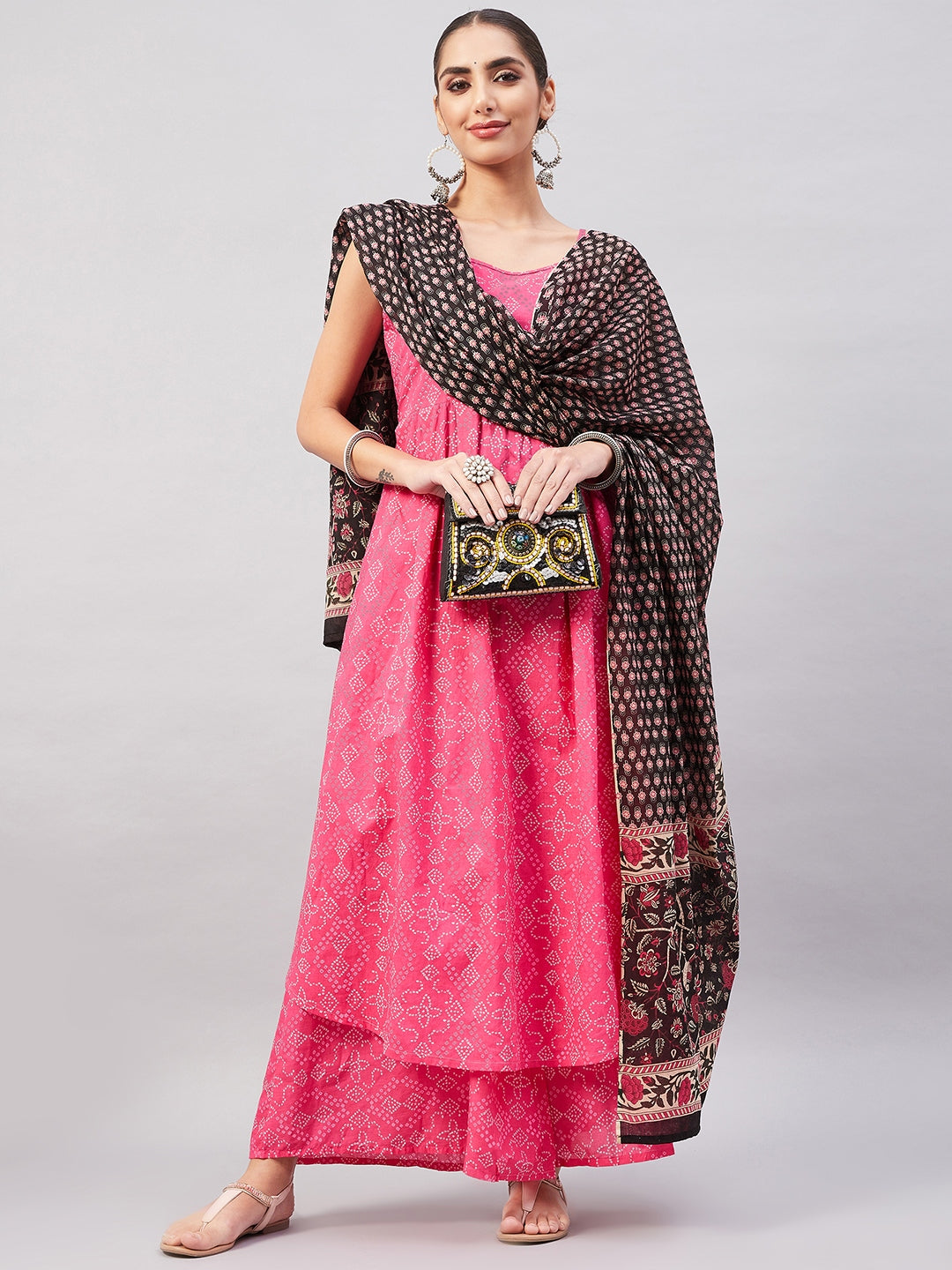InWeave Women's Pink Bandhani Strappy Set W Black Pink Ethnic Dupatta - Distacart