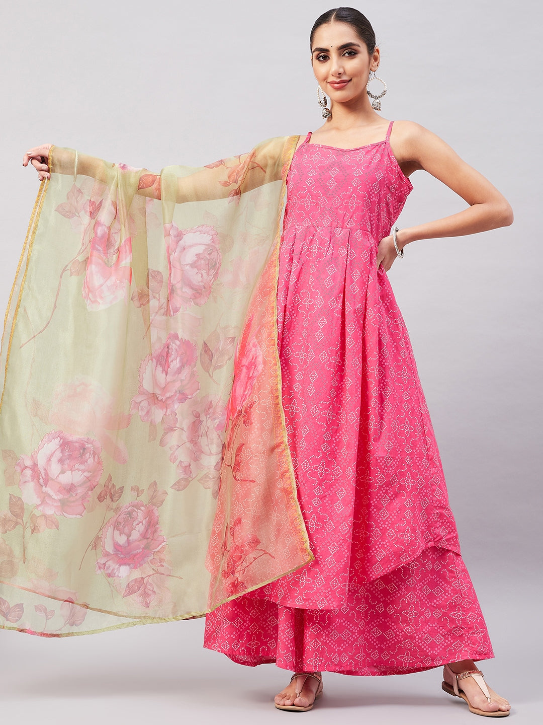InWeave Women's Pink Bandhani Strappy Set W Golden Floral Organza Dupatta - Distacart
