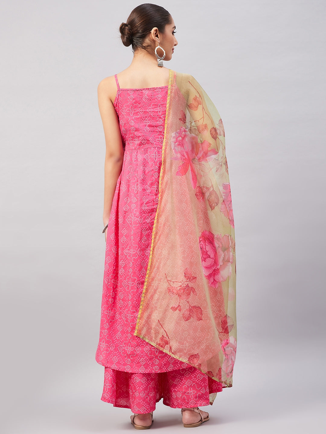 InWeave Women's Pink Bandhani Strappy Set W Golden Floral Organza Dupatta - Distacart