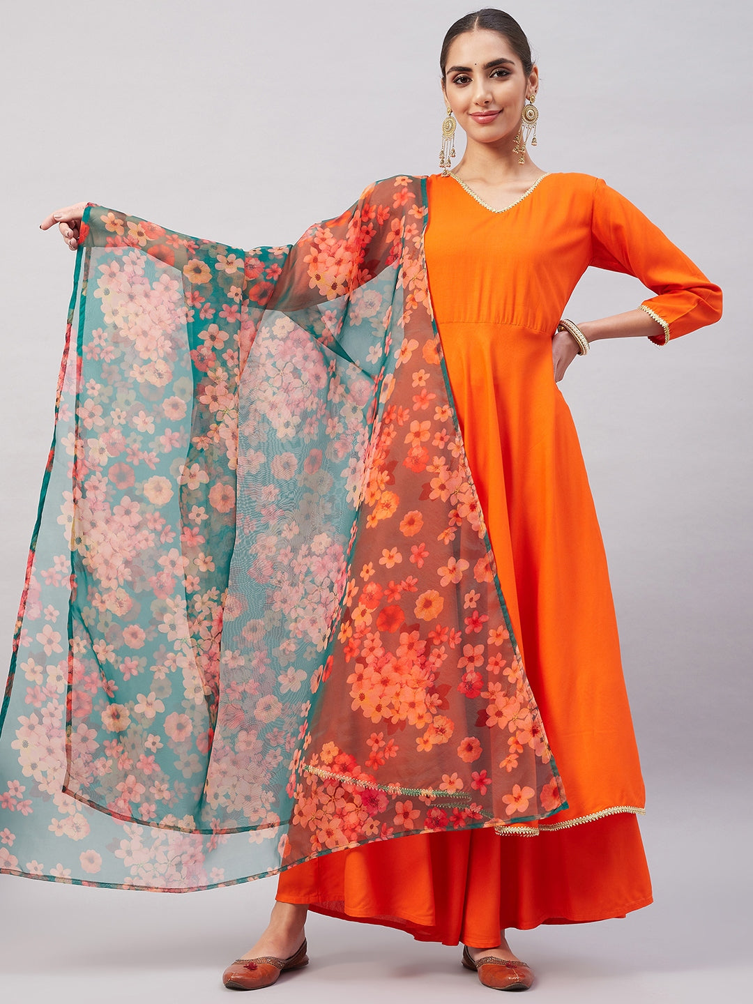 InWeave Women's Orange Gota Long Anrkali Kurta Set W Black Organza Dupatta - Distacart