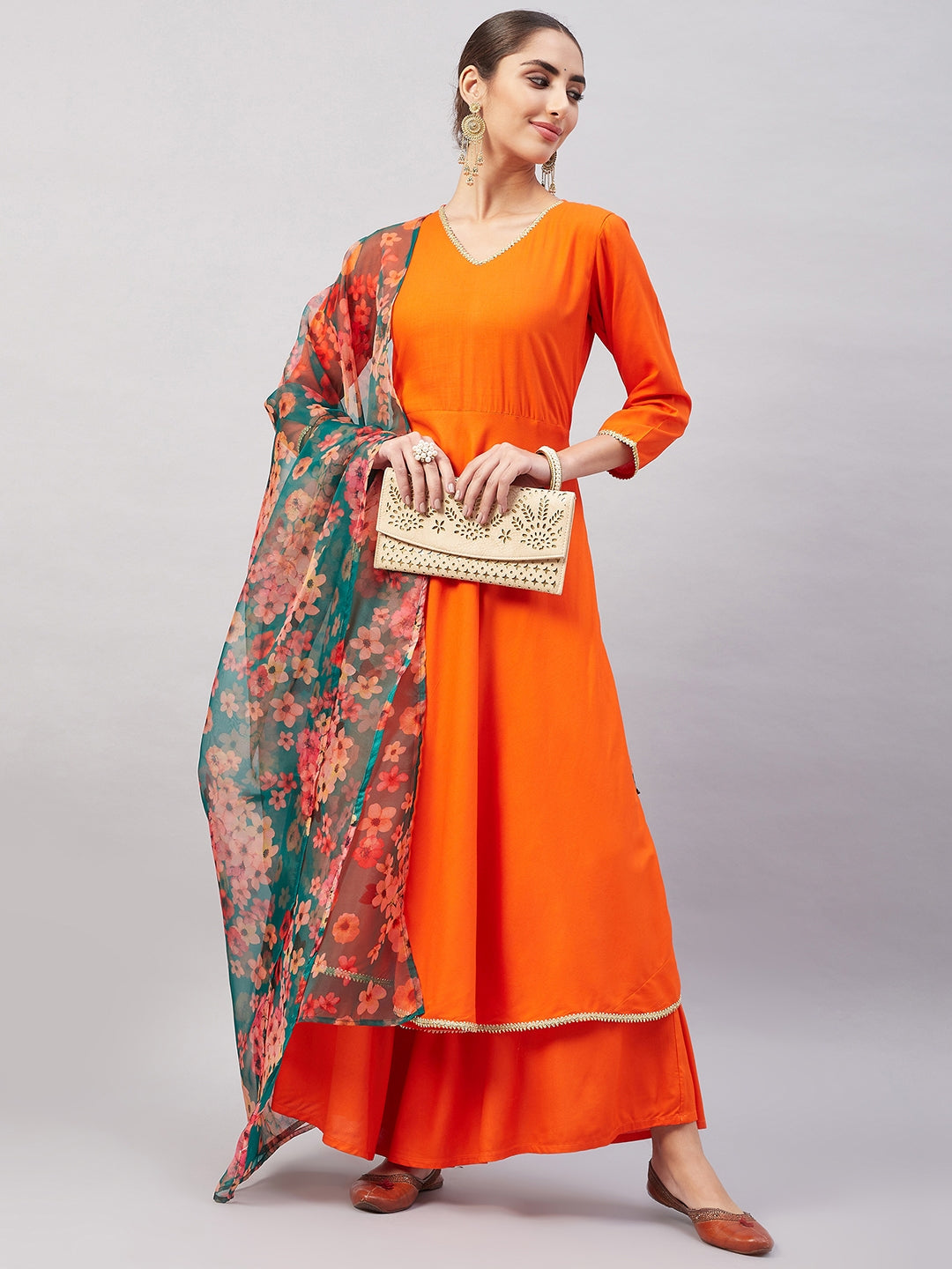 InWeave Women's Orange Gota Long Anrkali Kurta Set W Black Organza Dupatta - Distacart