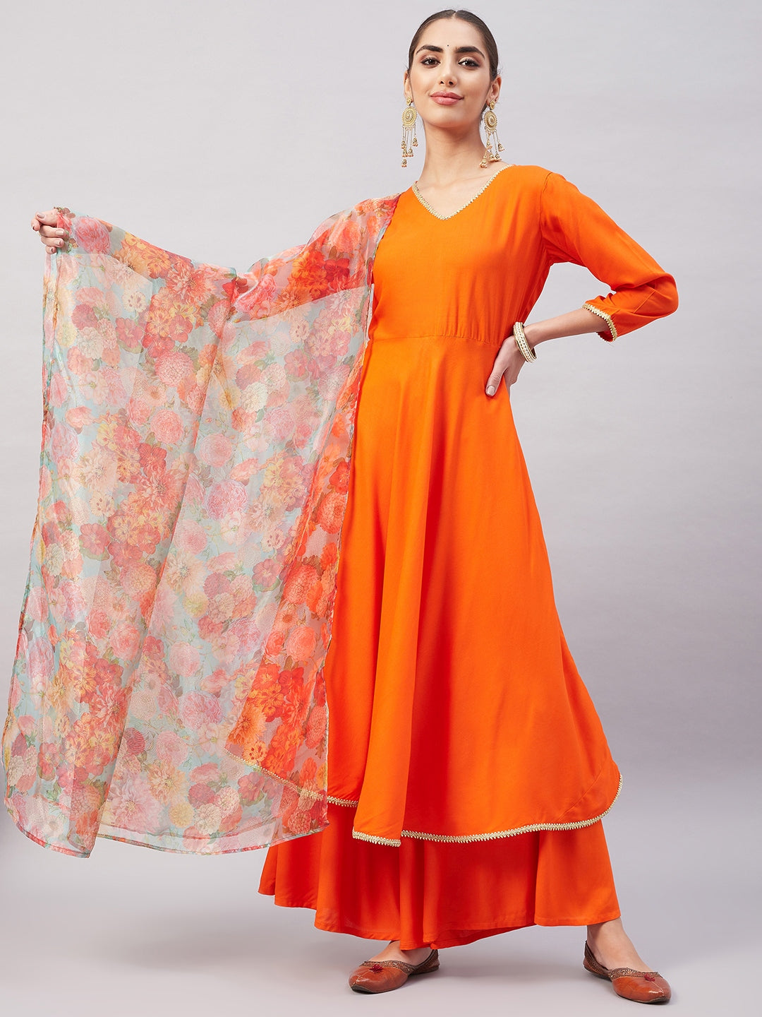 InWeave Women's Orange Gota Long Anrkali Kurta Set W Green Organza Dupatta - Distacart