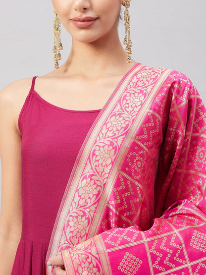 InWeave Women's Wine Solid Strappy Set With Pink Brocade Dupatta - Distacart
