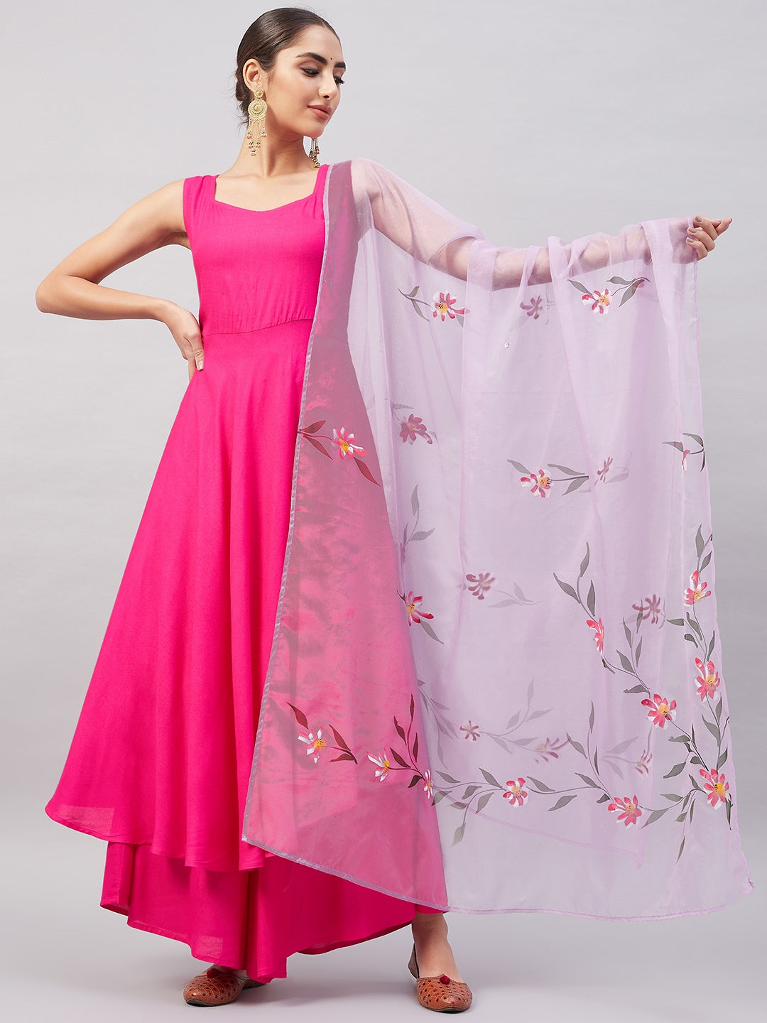 InWeave Women's Fuchsia Sleeveless Kurta Set W Mauve Handpaint Organza Dupatta - Distacart