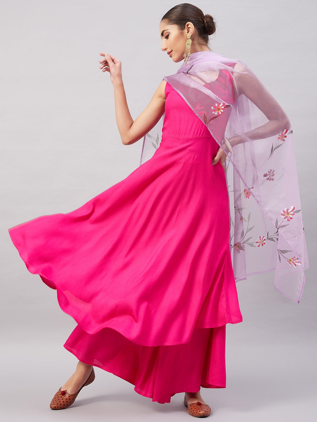 InWeave Women's Fuchsia Sleeveless Kurta Set W Mauve Handpaint Organza Dupatta - Distacart