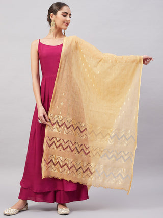 InWeave Women's Wine Solid Strappy Set With Gold Banarsi Zari Dupatta - Distacart