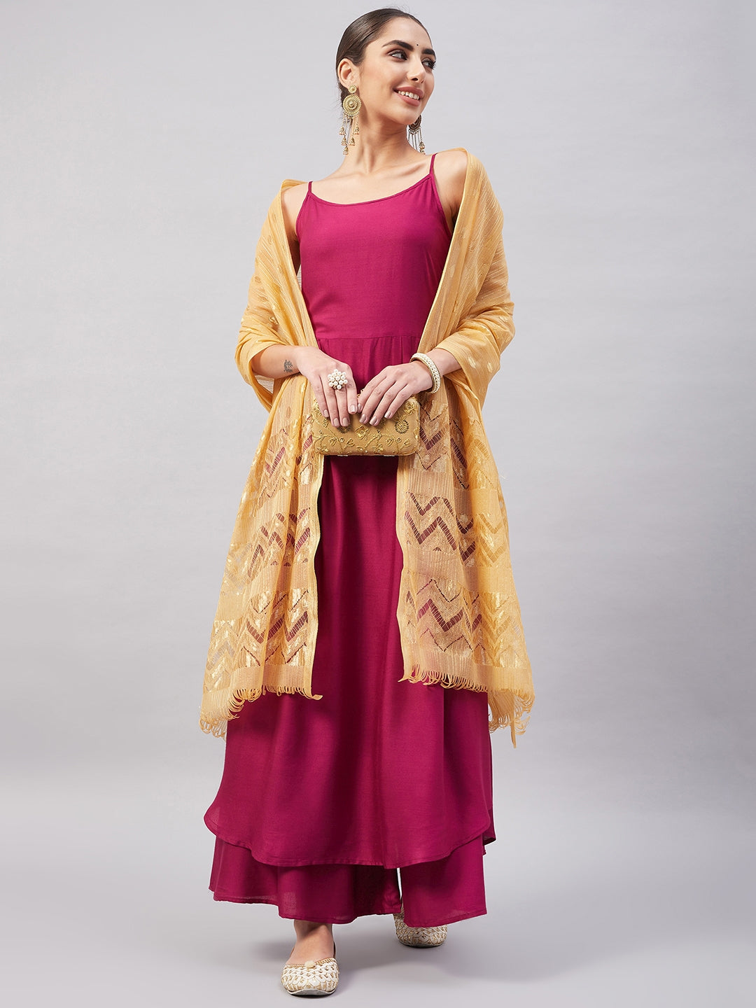 InWeave Women's Wine Solid Strappy Set With Gold Banarsi Zari Dupatta - Distacart