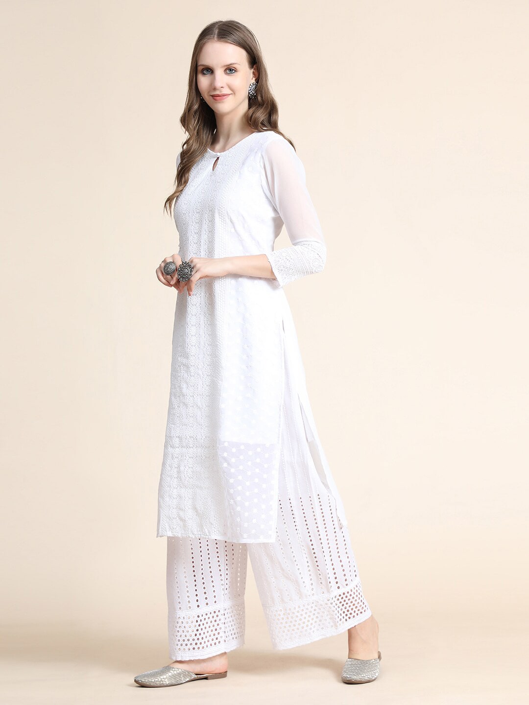 Kalini Women White Ethnic Motifs Embroidered Georgette Kurta - Distacart