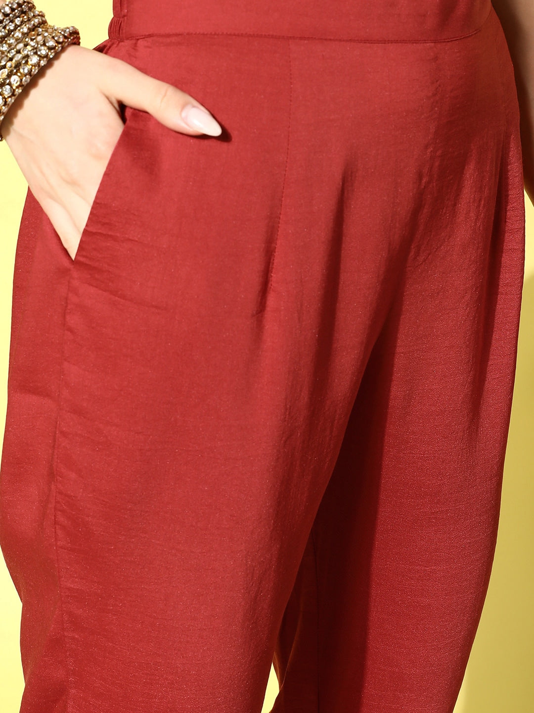 Sangria Floral Yoke Design Pleated Mirror Work Chanderi Silk Kurta with Trousers - Distacart