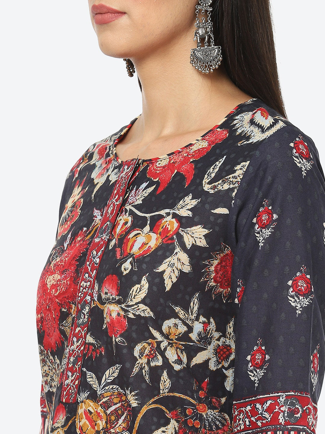 Biba Women Charcoal Floral Printed Kurta with Palazzo & Dupatta - Distacart