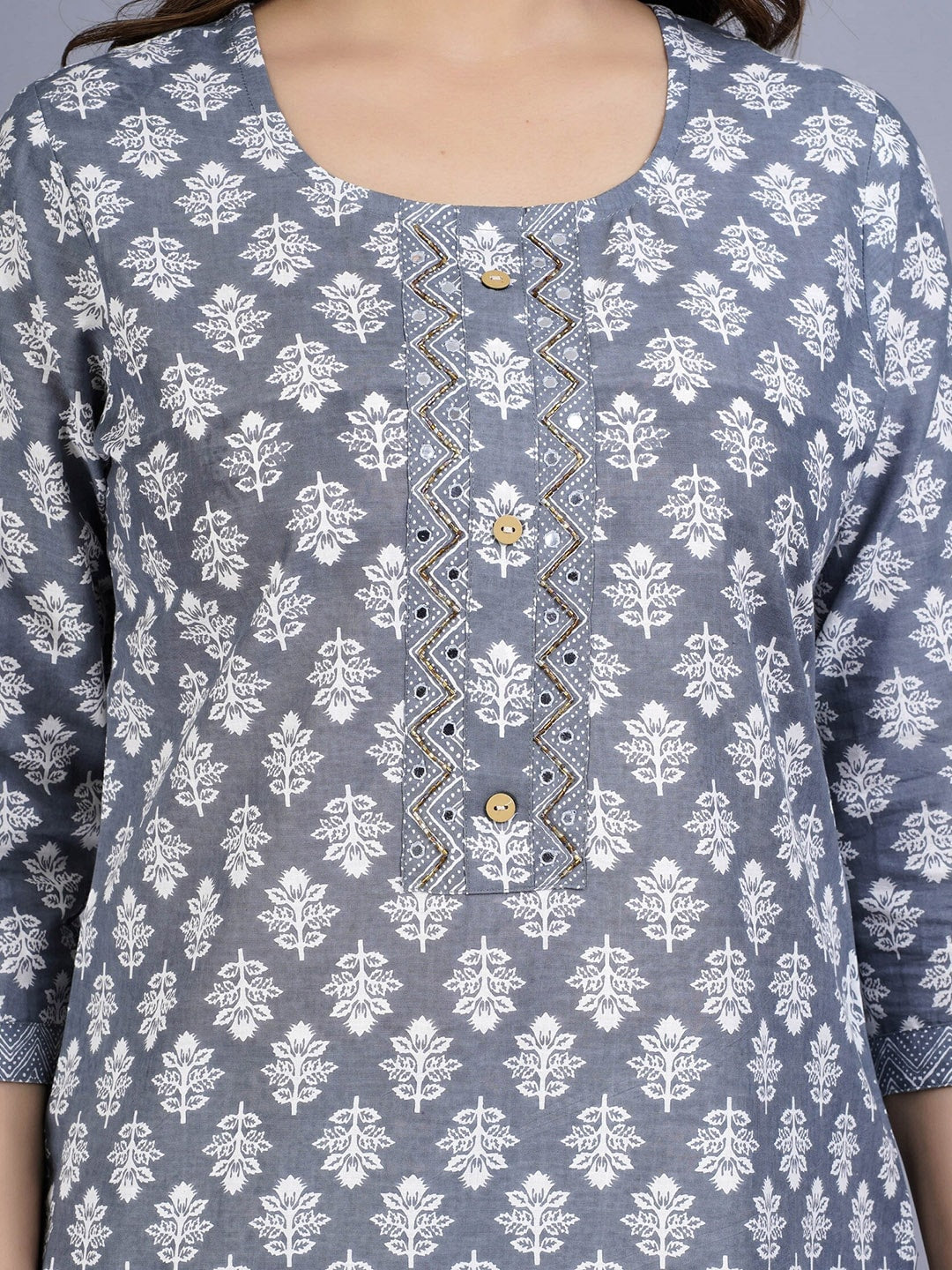 Kalini Women Grey Floral Printed Beads and Stones Pure Cotton Kurta with Trousers & With Dupatta - Distacart