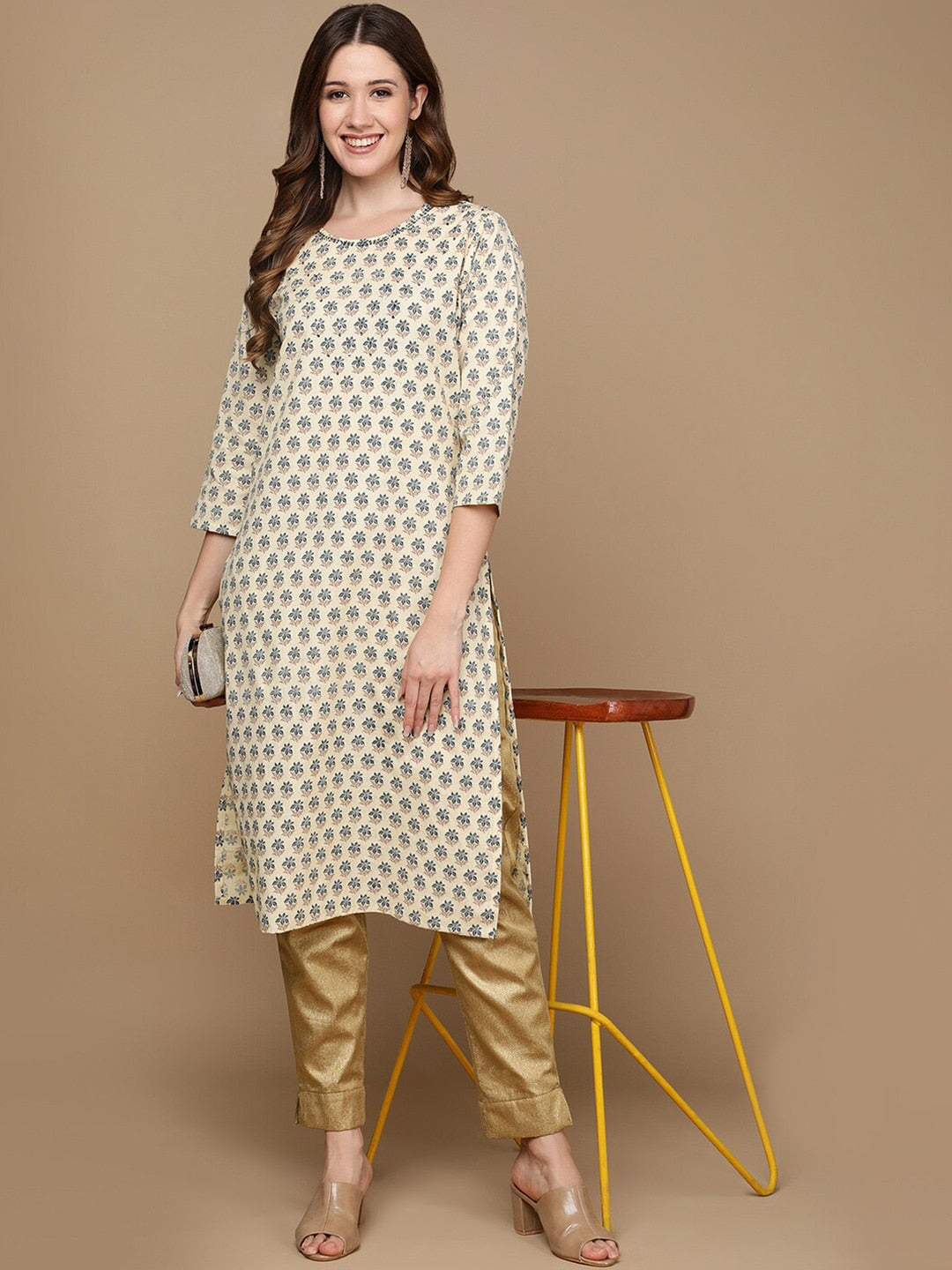 HERE&NOW Cream-Color & Teal Ethnic Motifs Printed Sequined Cotton Kurta - Distacart