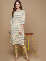 Thumbnail for HERE&NOW Cream-Color & Teal Ethnic Motifs Printed Sequined Cotton Kurta - Distacart