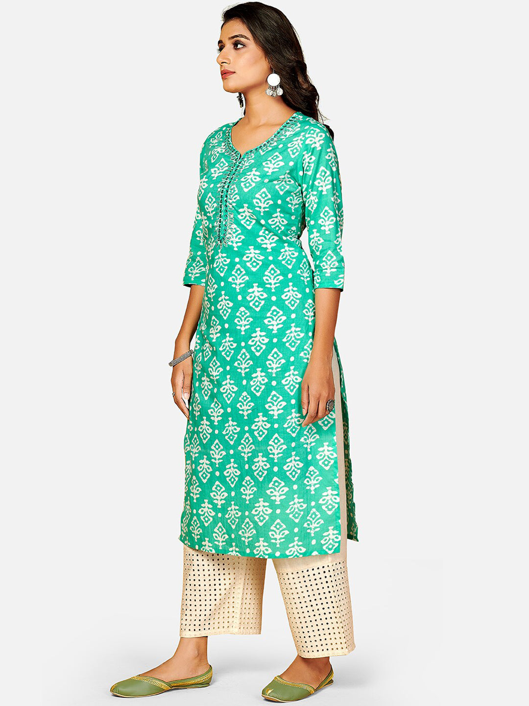 Kalini Women Sea Green & White Ethnic Motifs Printed Mirror Work Kurta - Distacart