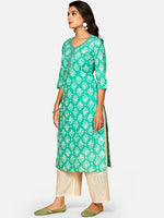Thumbnail for Kalini Women Sea Green & White Ethnic Motifs Printed Mirror Work Kurta - Distacart