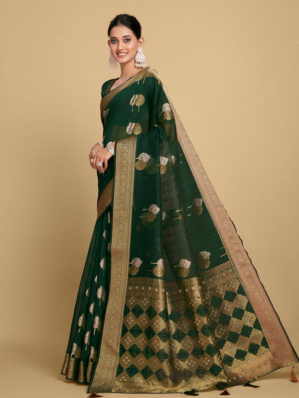 Sangria Green Ethnic Motifs Zari Linen Blend Saree - Distacart