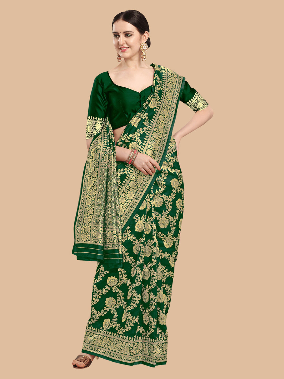 Kalini Green & Gold-Toned Woven Design Silk Blend Banarasi Saree - Distacart