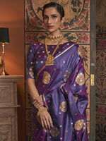 Thumbnail for Mitera Purple & Brown Floral Zari Silk Blend Banarasi Saree - Distacart