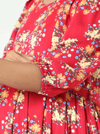Thumbnail for Manet Three Fourth Maternity Dress Floral Print With Concealed Zipper Nursing Access - Red - Distacart