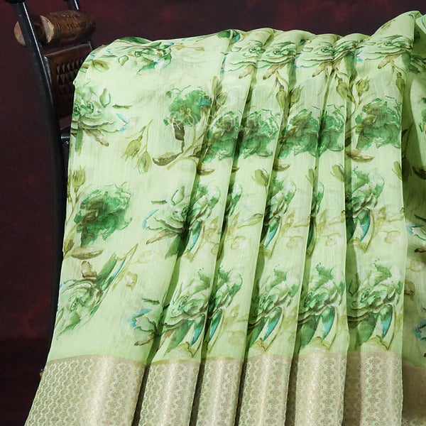 Shades of Light Parrot Green Colour Floral Design Semi Chanderi Saree By Gayathri Reddy Designer Studio - Distacart