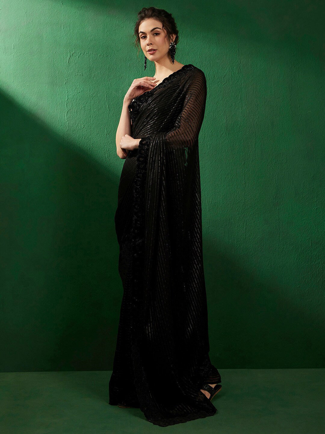 Sangria Striped Embellished Beads and Stones Pure Chiffon Sarees - Distacart