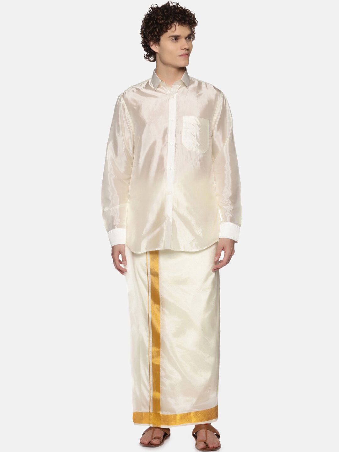 Sethukrishna Men Cream-Colored & Golden Solid Veshti - Distacart